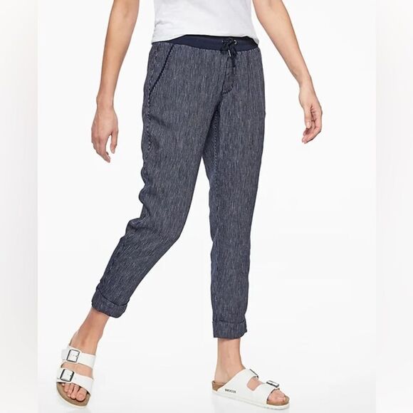 ATHLETA Bali Linen Lightweight Pinstripe Wide Legged Ankle Pants sz 4 Petite - Picture 1 of 7